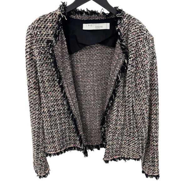 IRO Paris Shavadispe Metallic Tweed Frayed Boucle Open Front Jacket Size 44 - Picture 2 of 7